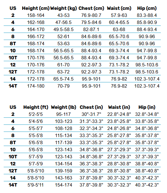 2025 Roxy Womens Wetsuits 0 Size Chart